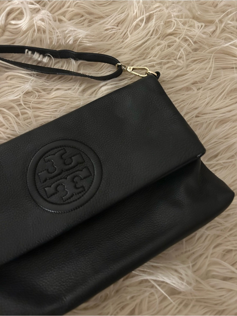 Tory Burch Black Pebbled Leather Fold-Over Wristlet Clutch with Logo